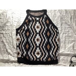 Womens Geometric Southwestern Halter Knit Tank Top Black White Tan Size L